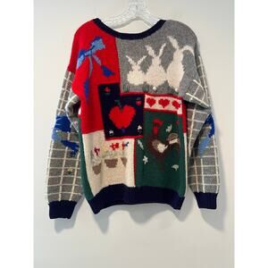 Vintage Wool & Angora Teacher's Knit Sweater Bunnies Rooster & Apple Sz Small JL
